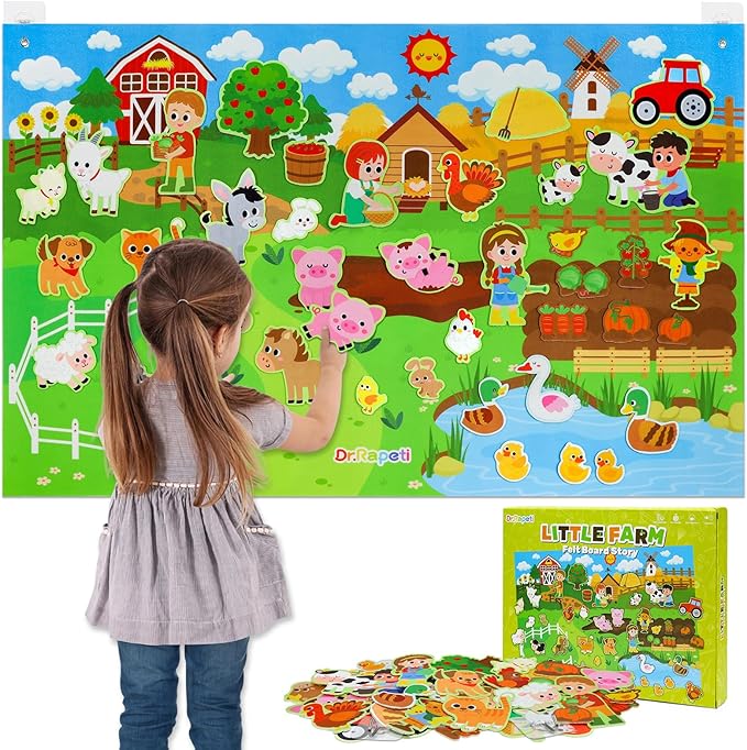 Ensemble de storyboard en feutre d'animaux de la ferme colorés avec tableau interactif de 3,5 pieds, 38 pièces, pour garçons et filles âgés de 2 à 4 ans 