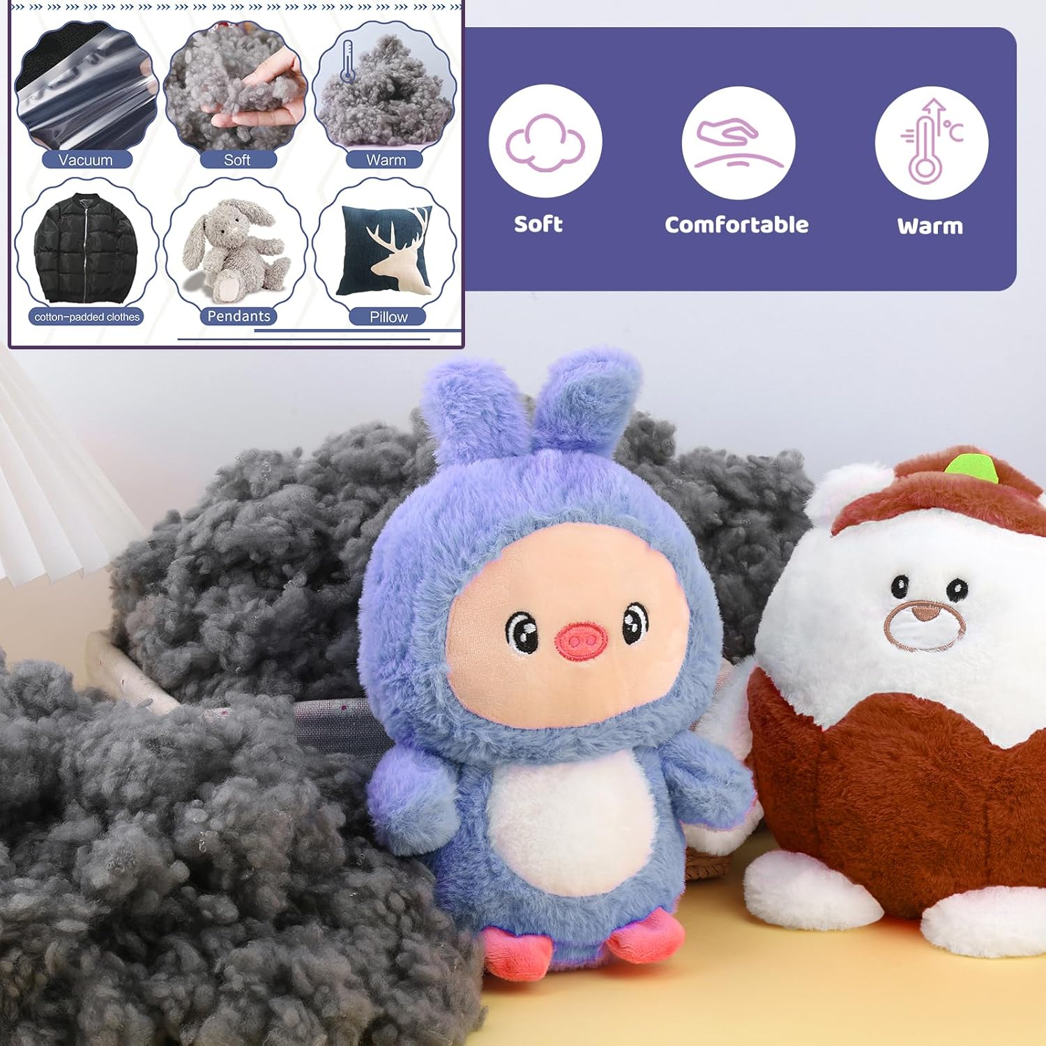 Garnissage en polyester gris de qualité supérieure pour travaux manuels et animaux en peluche, très élastique.