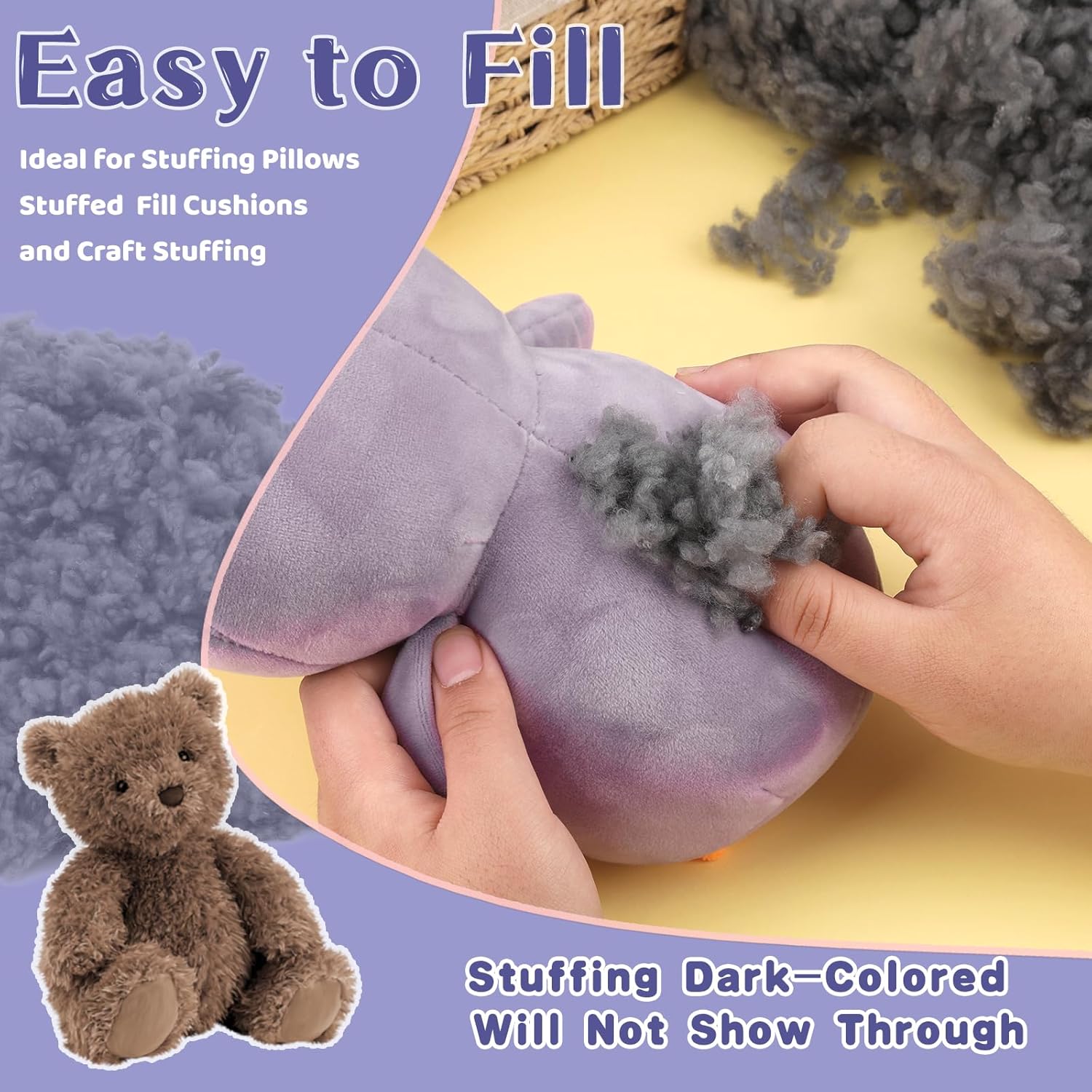 Garnissage en polyester gris de qualité supérieure pour travaux manuels et animaux en peluche, très élastique.