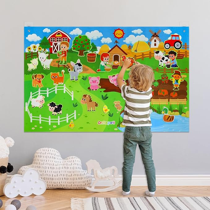 Ensemble de storyboard en feutre d'animaux de la ferme colorés avec tableau interactif de 3,5 pieds, 38 pièces, pour garçons et filles âgés de 2 à 4 ans 